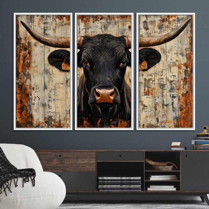 Black bull painting with horns and ear tags, ideal for rustic Texas decor - Abstract Cow Longhorn Bull Canvas Print.