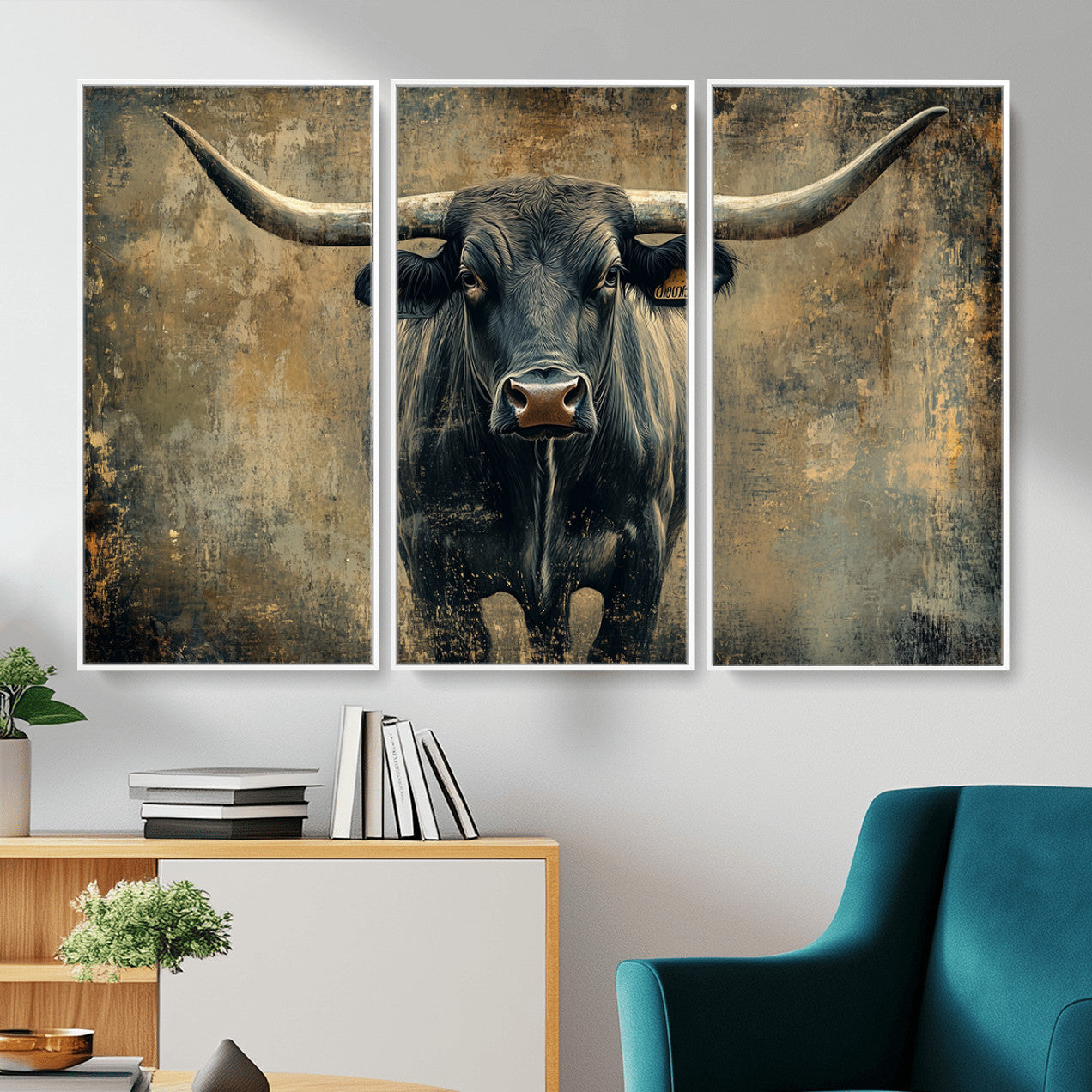 57385-MGV-CV-36X24 - Longhorn Bull Wall Art Canvas Print, Framed Rustic Cow Art Picture Print, Texas Longhorn Perfect Western Decor Artwork