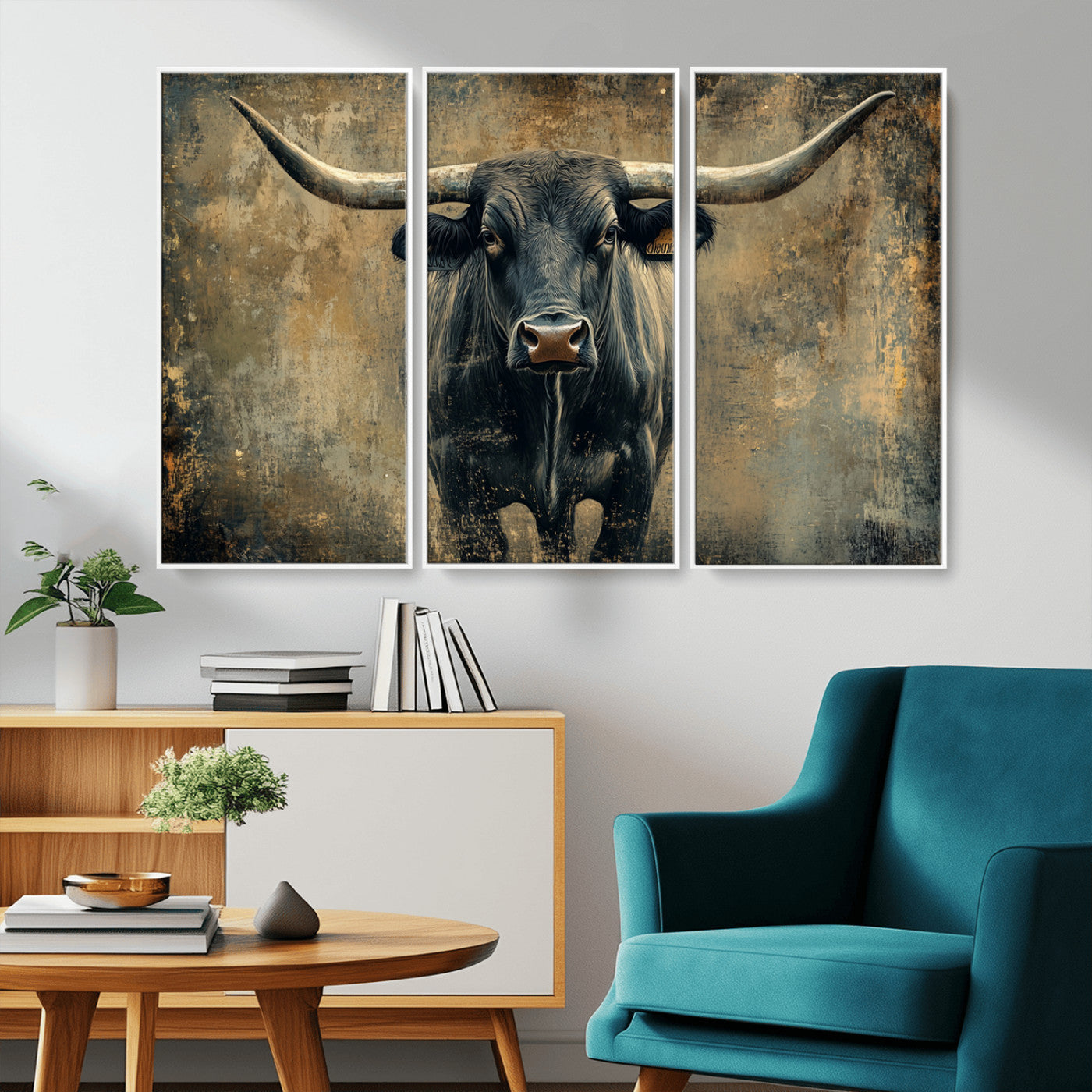 MGV-FC-48X32-3P - Longhorn Bull Wall Art Canvas Print, Framed Rustic Cow Art Picture Print, Texas Longhorn Perfect Western Decor Artwork