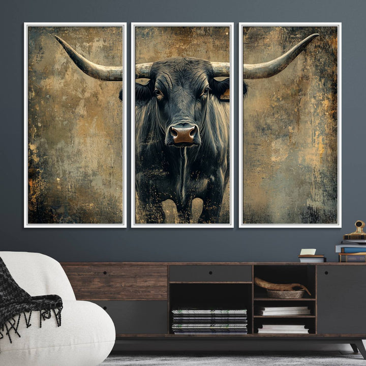 The Longhorn Bull Canvas Print features a bull with prominent horns facing forward, depicted in abstract Texas Western art style.