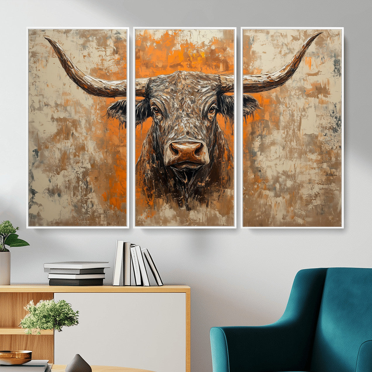 49976-MGV-CV-36X24 - Abstract Cow Longhorn Bull Wall Art Canvas Print - Rustic Texas Western Cattle Artwork