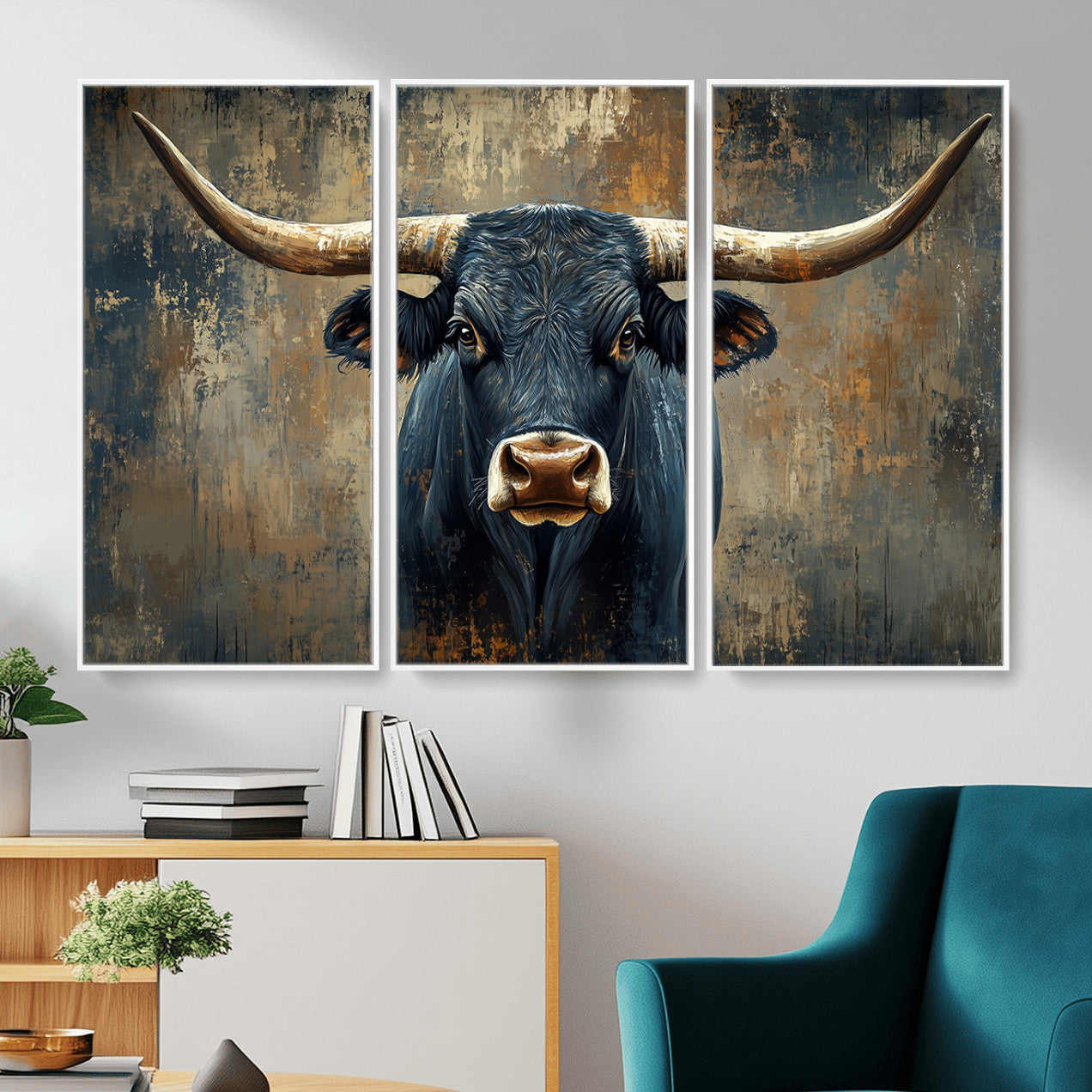 42026-MGV-CV-36X24 - Texas Western Wall Art Canvas Print - Abstract Cow Longhorn Bull Wall Art Canvas Print - Rustic Cow