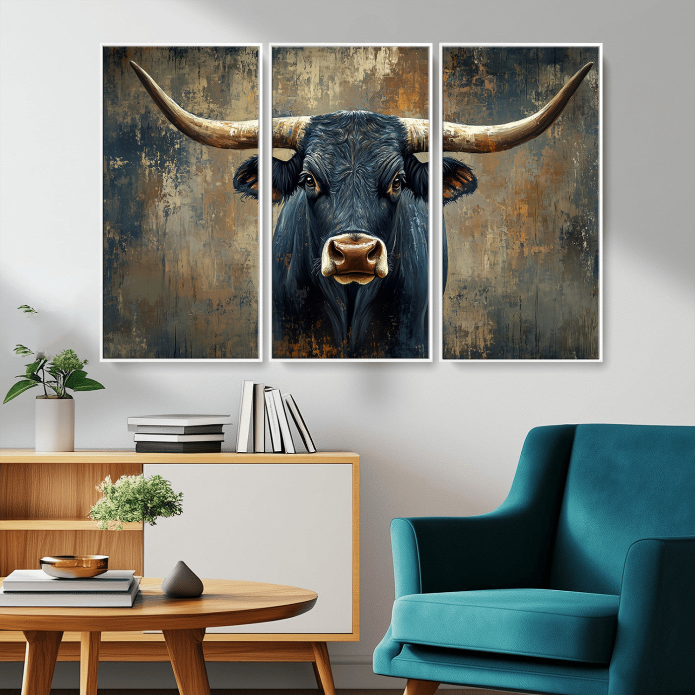 MGV-FC-48X32-3P - Texas Western Wall Art Canvas Print - Abstract Cow Longhorn Bull Wall Art Canvas Print - Rustic Cow