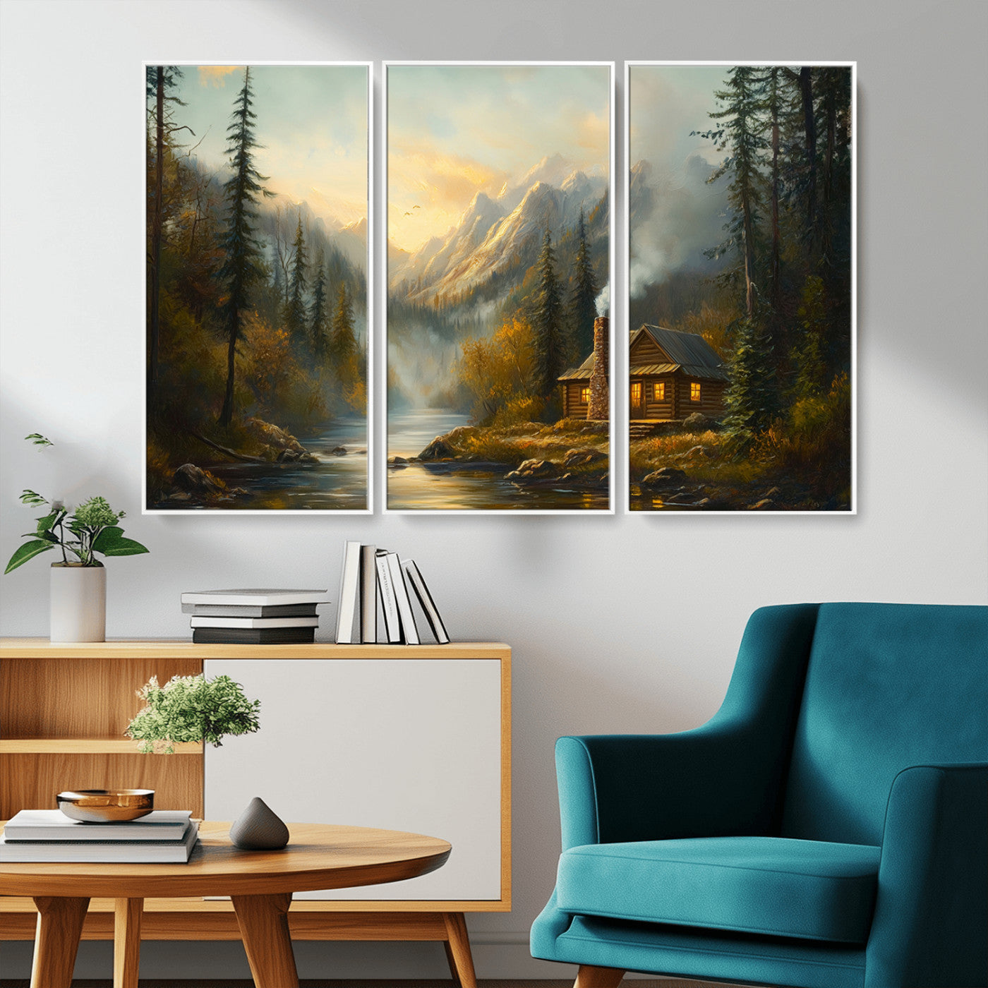 MGV-FC-48X32-3P - Wood Cabin Retreat Mountain at Sunset Wall Art Print - Serene Forest and River Landscape Wall Art