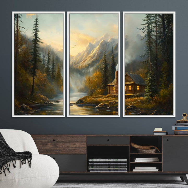 A cozy Wood Cabin Retreat Mountain at Sunset Wall Art features a serene forest and river landscape with smoke rising on a canvas print.