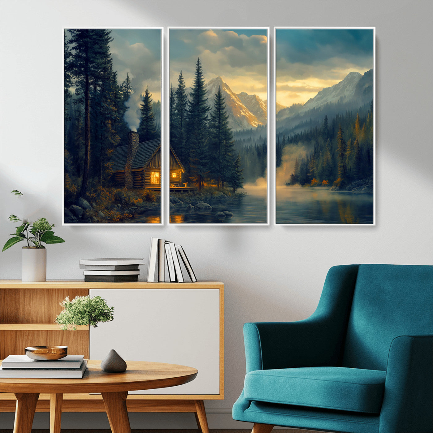 MGV-FC-48X32-3P - Mountain Cabin by the Lake at Sunset Wall Art - Serene Nature Canvas Print for Living Room Decor,