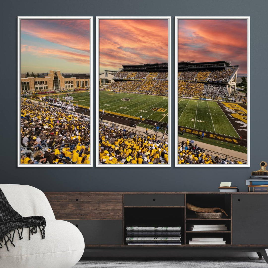 Capture the essence of a packed War Memorial Stadium at sunset with the Cowboys Football Canvas Print, highlighting fans cheering in yellow.