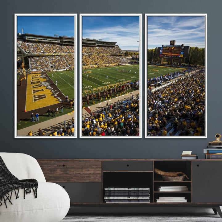 Canvas Wall Art Print: University of Wyoming Cowboys action at Jonah Field War Memorial Stadium under a sunny blue sky.