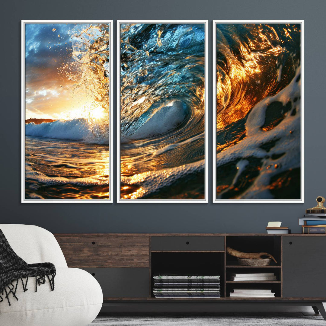 The Ocean Wave at Sunset canvas captures fiery waves with golden and blue hues, making it a perfect addition to nautical-themed decor.