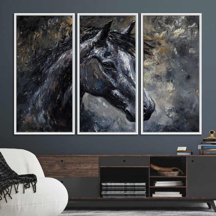 Abstract Horse Wall Art Canvas: A dark horses head and flowing mane set against a textured, muted background.