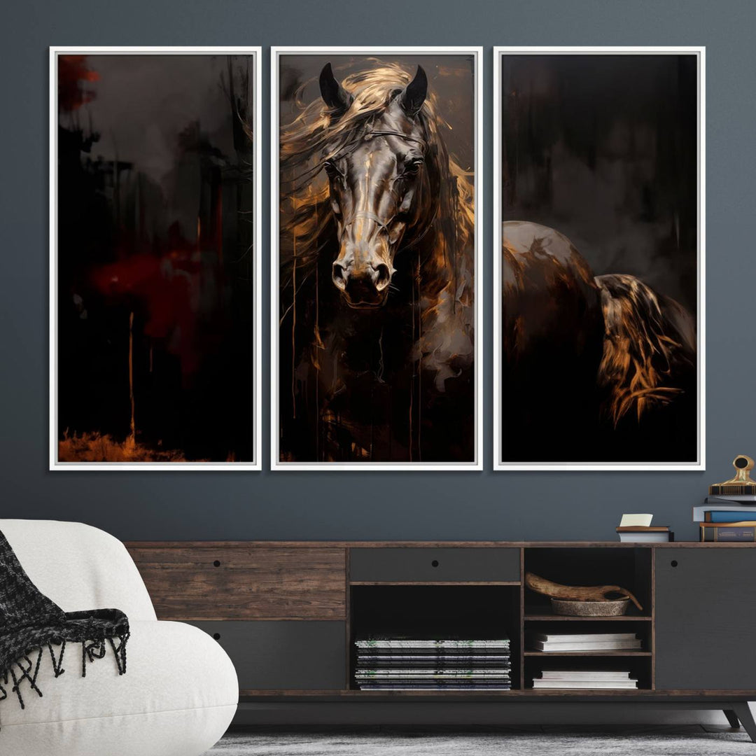 Abstract Black Horse Canvas Print – Featuring an equine spirit with a flowing mane on a dark background, perfect as farmhouse wall art.