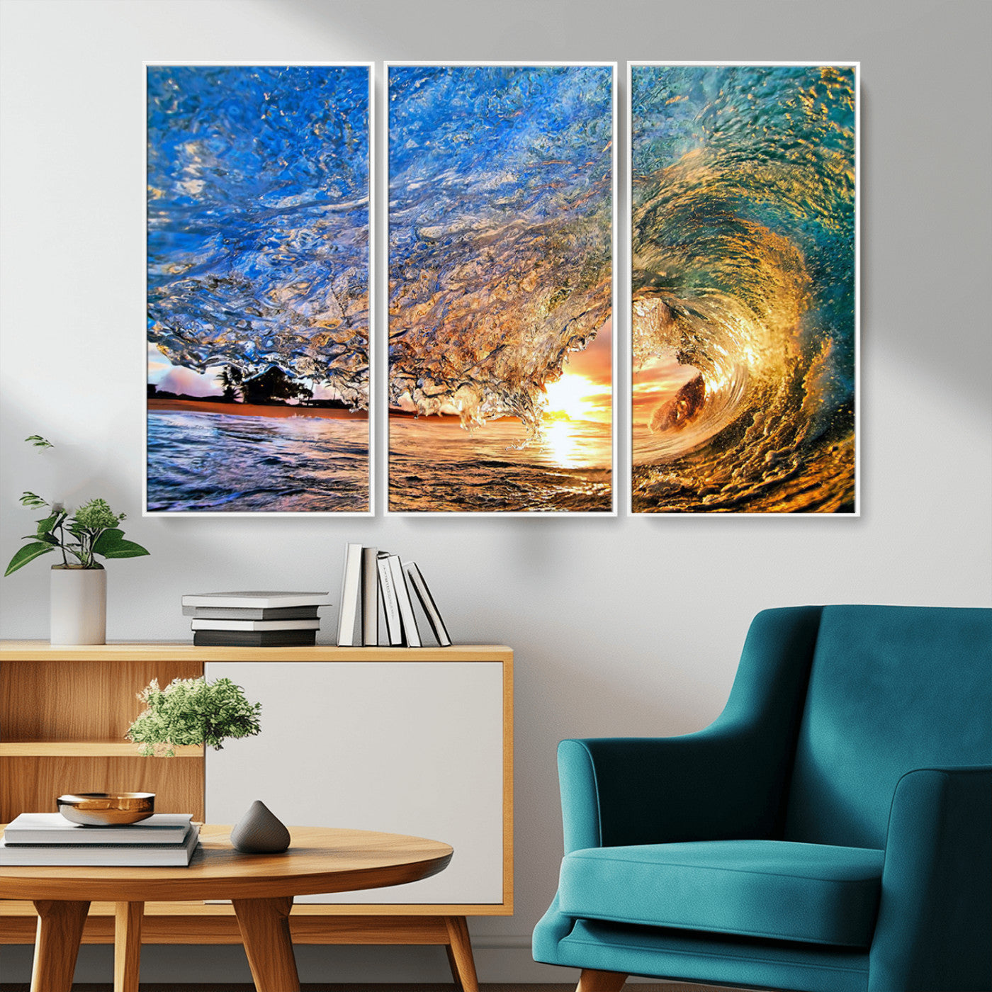 MGV-FC-48X32-3P - Ocean Wave at Sunset Canvas Wall Art – Vibrant Coastal Beach Waves Print, Large Nautical Decor,