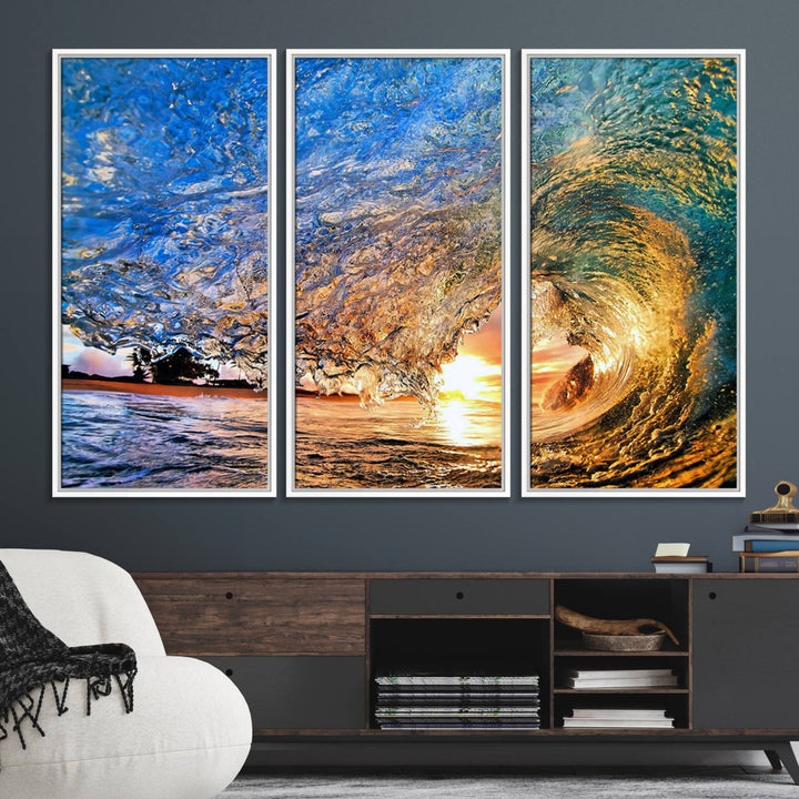 The Ocean Wave at Sunset Canvas Art captures vibrant coastal colors, perfect for nautical decor.