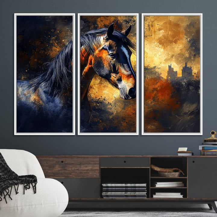 Abstract Horse Art Print on canvas, featuring a colorful background, perfect for rustic farmhouse or equestrian decor.