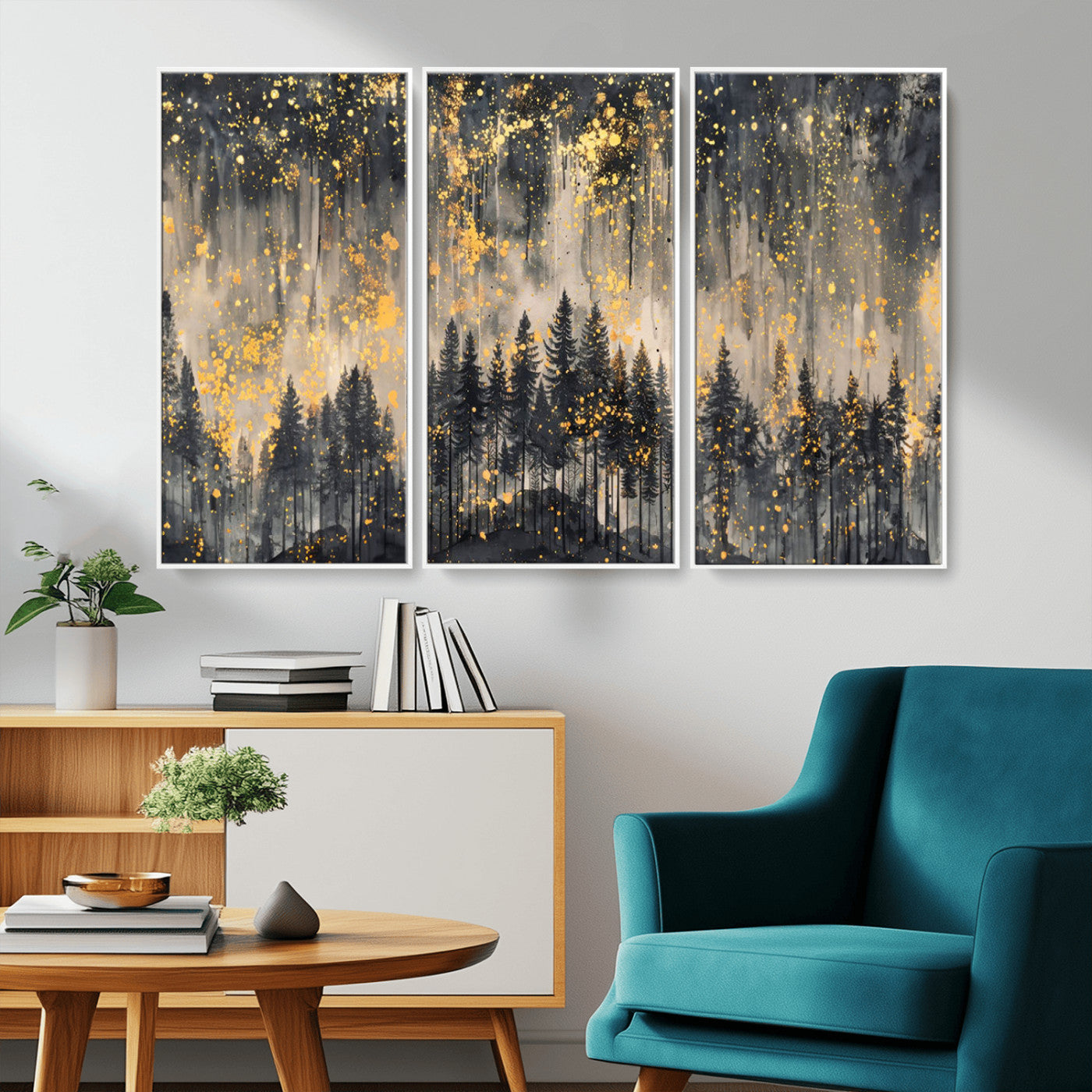 MGV-FC-48X32-3P - Golden Forest Abstract Wall Art | Dark Forest with Gold Splatter Accents | Triptych Ready to Hang