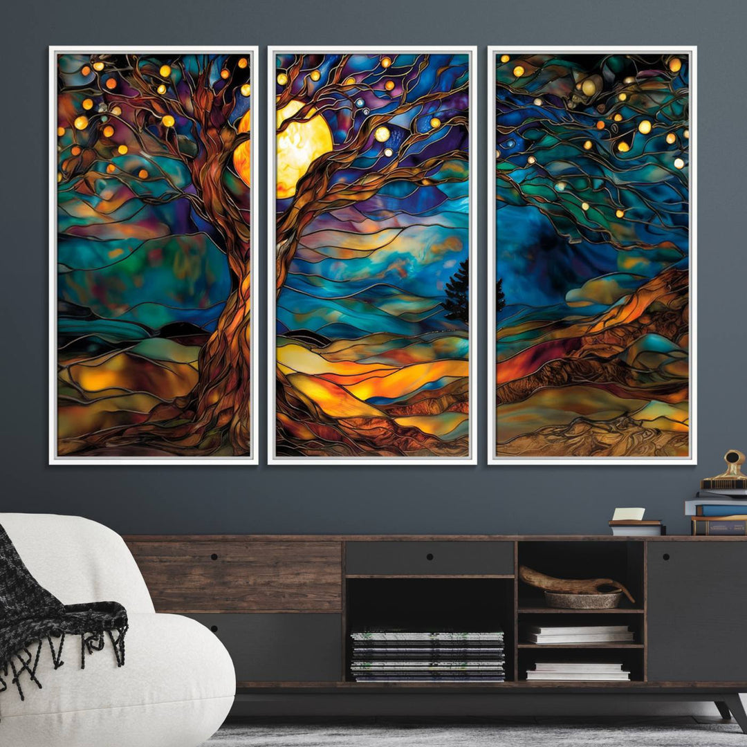 The vibrant Yggdrasil Tree of Life Wall Art depicts a moonlit tree.