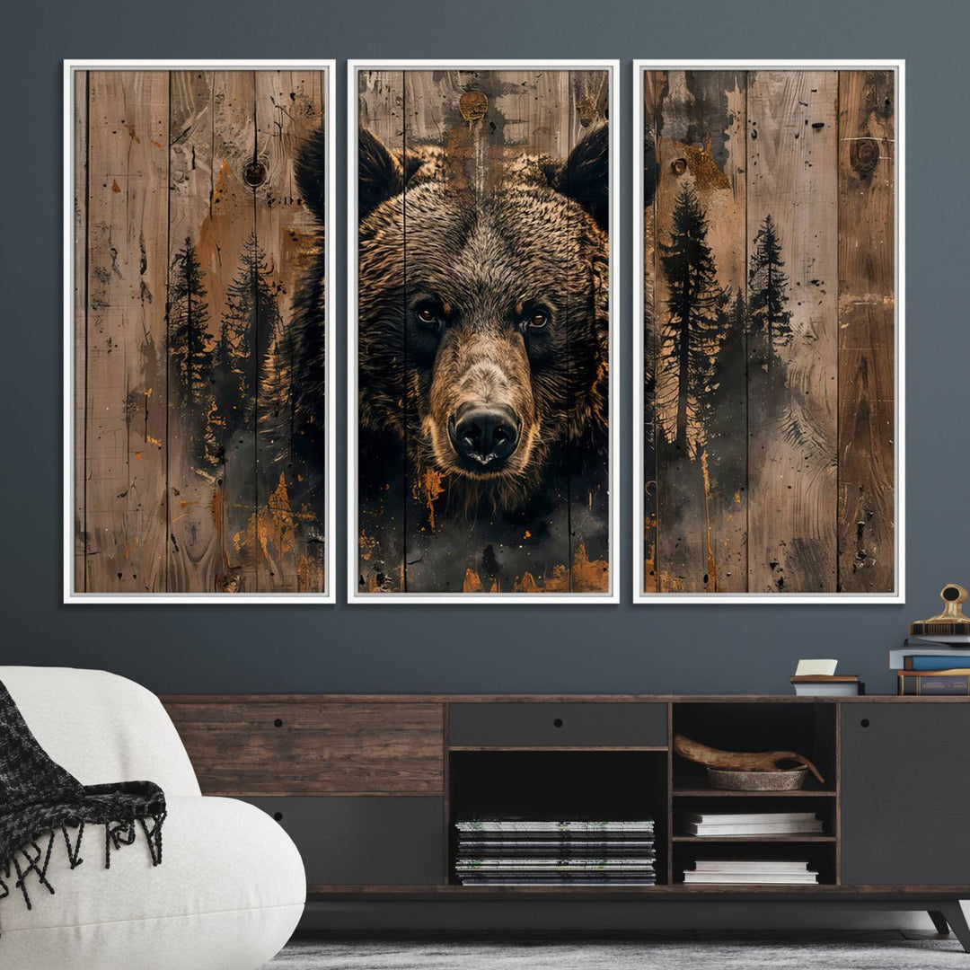 The bedroom showcases the Rustic Grizzly 399 Wall Art, a triptych canvas print that brings woodland charm to the space with its striking depiction of a bear. Elegantly displayed on a wooden wall, it enhances the rustic cabin feel.