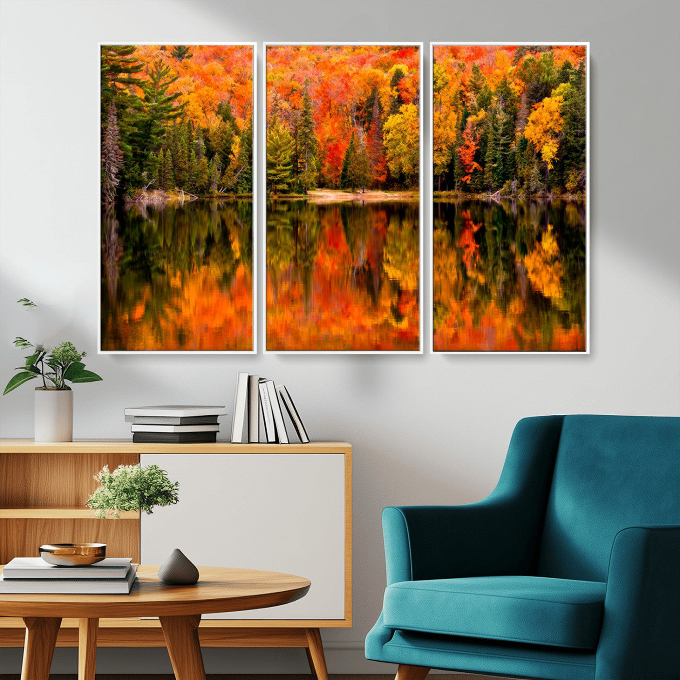 MGV-FC-48X32-3P - Forest Reflection Art | Autumn Forest Reflection Wall Art | Triptych Canvas Print | Vibrant Fall