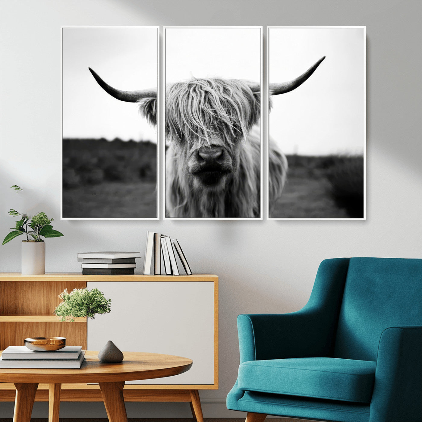 MGV-FC-48X32-3P - Highland Cow Wall Art | Black and White Farmhouse Decor | Triptych Canvas Print | Rustic Barn Decor