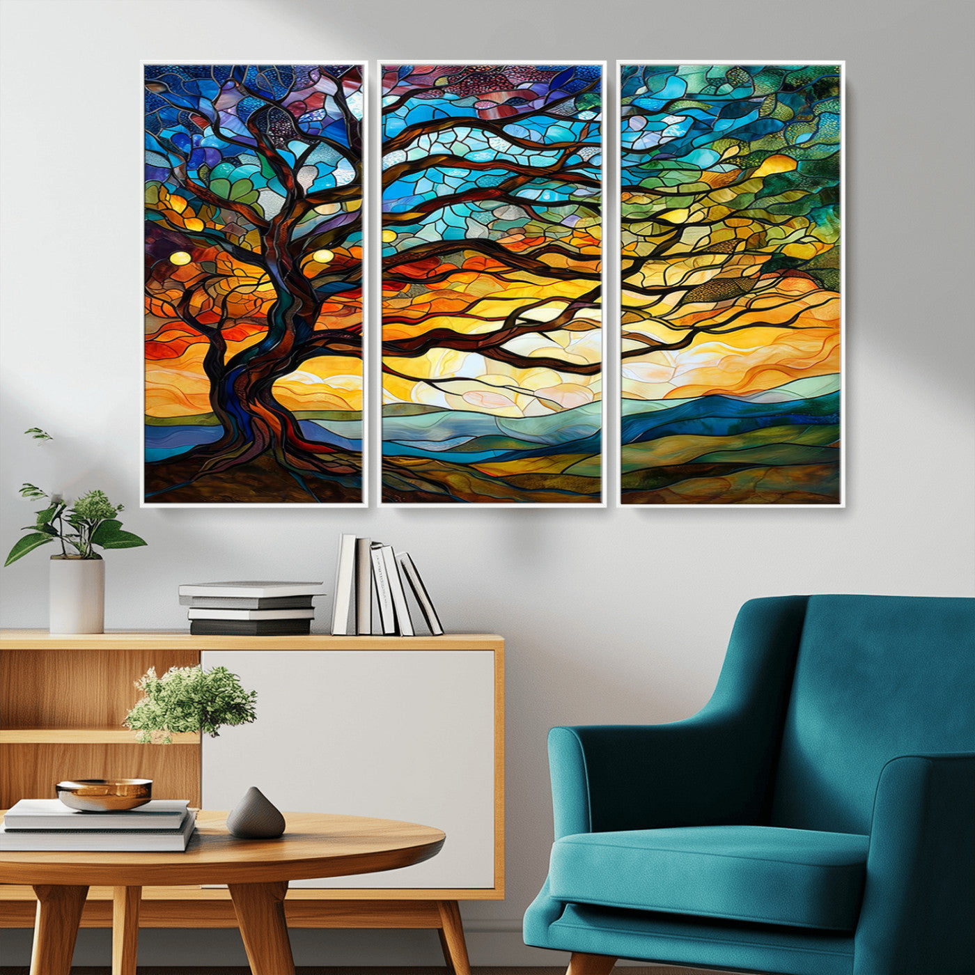 MGV-FC-48X32-3P - Mosaic Tree Wall Art | Ready to Hang Stained Glass Style Canvas Print | Farmhouse Wall Decor, Cabin