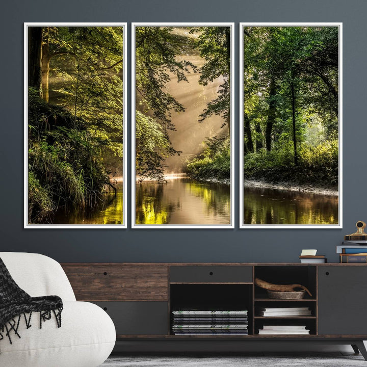 Forest Wall Art Print: A river landscape bathed in sunlight, perfect for rustic decor or as wall art for farmhouses and cabins.