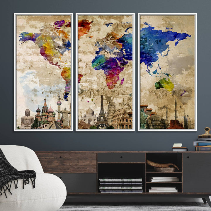 Artistic world map featuring landmarks like the Eiffel Tower, printed on premium wall art for office or living space.