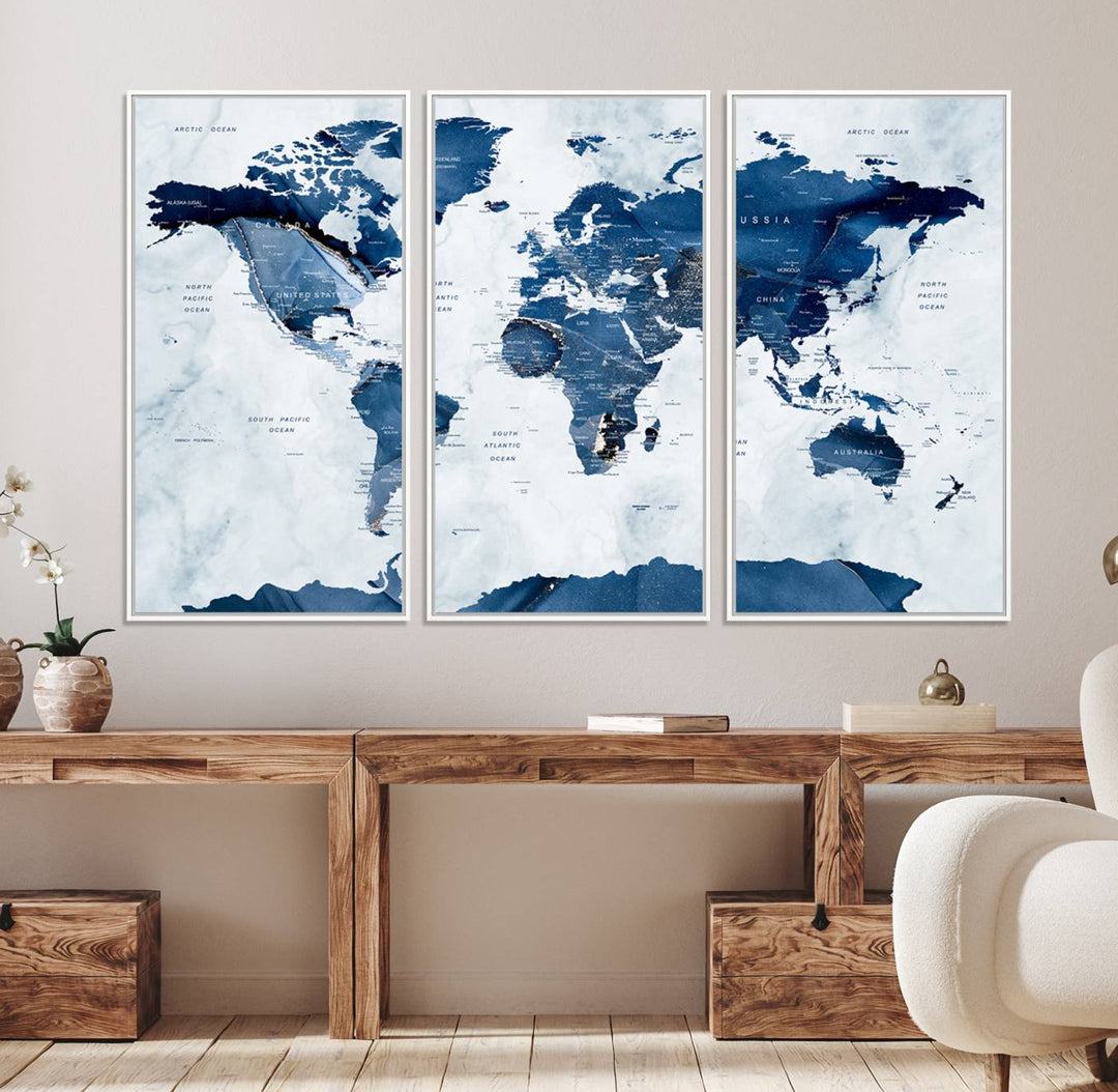 Navy Blue World Map with Antarctica Canvas: A perfect abstract home decor piece featuring a grunge-stained background.