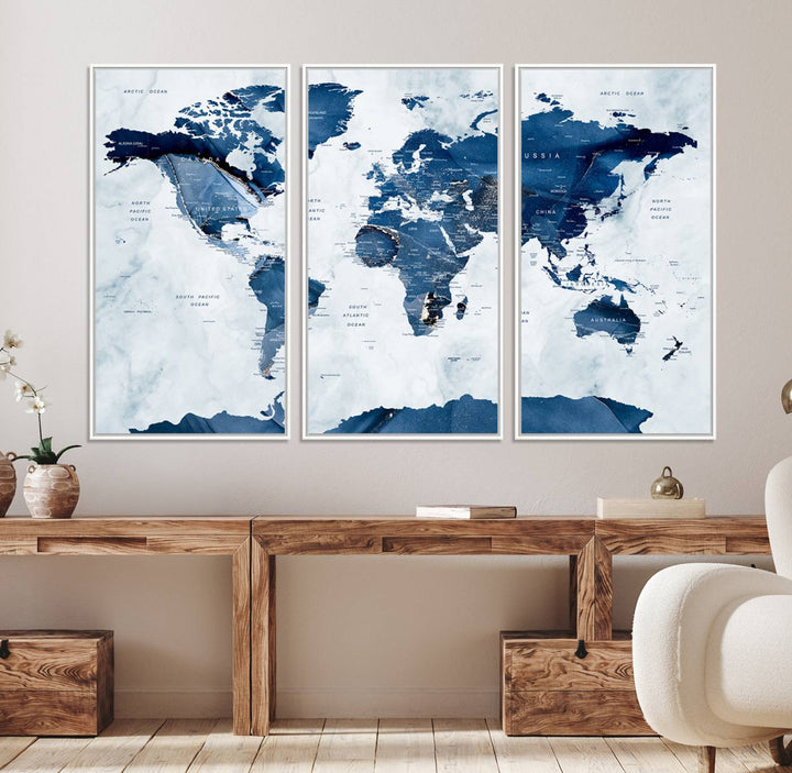 Blue and white watercolor World Map Wall Art Canvas Print, perfect for enhancing decor.