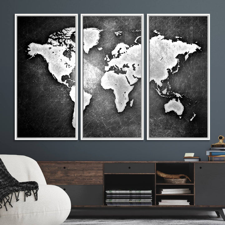 Black & White 3-Panel Framed World Map Canvas Art with Grunge Design.