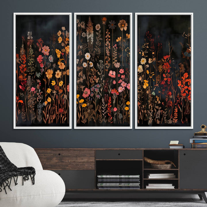 A large wildflower painting print on canvas featuring a colorful floral illustration, perfect as botanical decor for a stylish home.