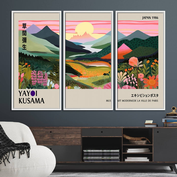 Vibrant abstract landscape canvas with mountains and fields, titled Yayoi Kusama 1986 Wall Art Print.