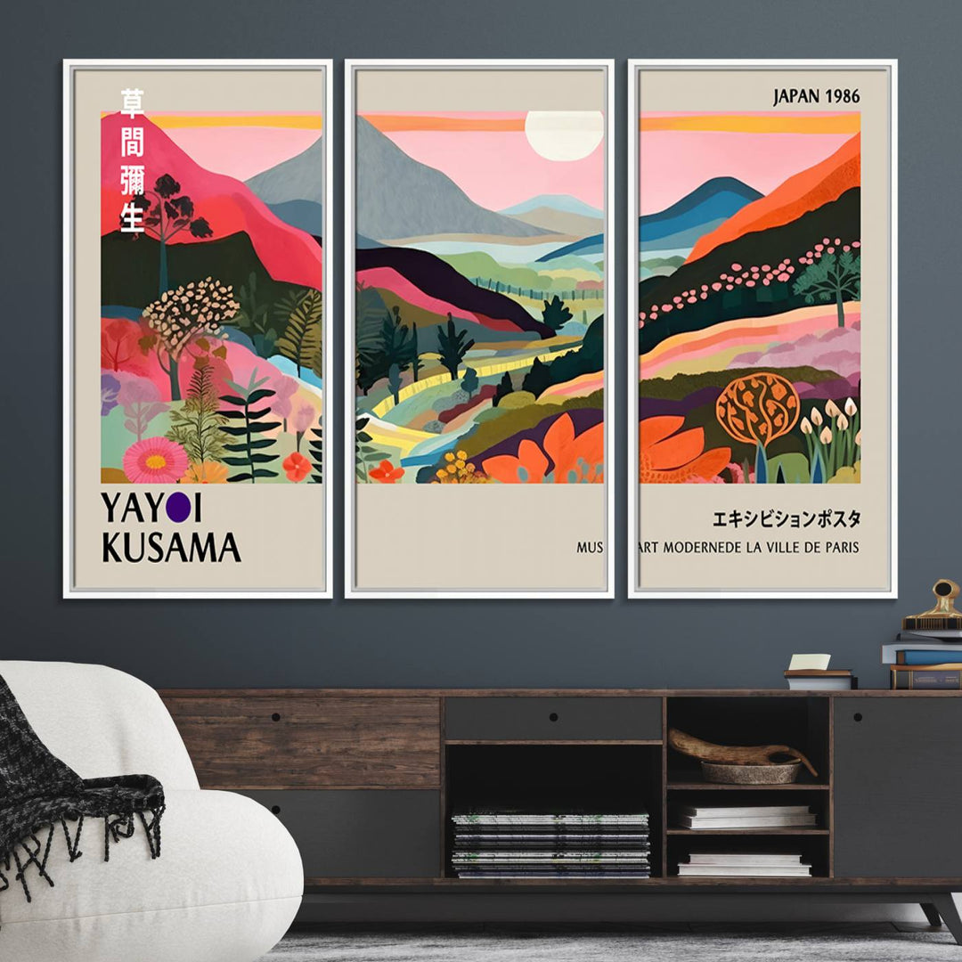 Vibrant abstract landscape canvas inspired by Yayoi Kusama, featuring mountains, trees, and flowers in a triptych style.