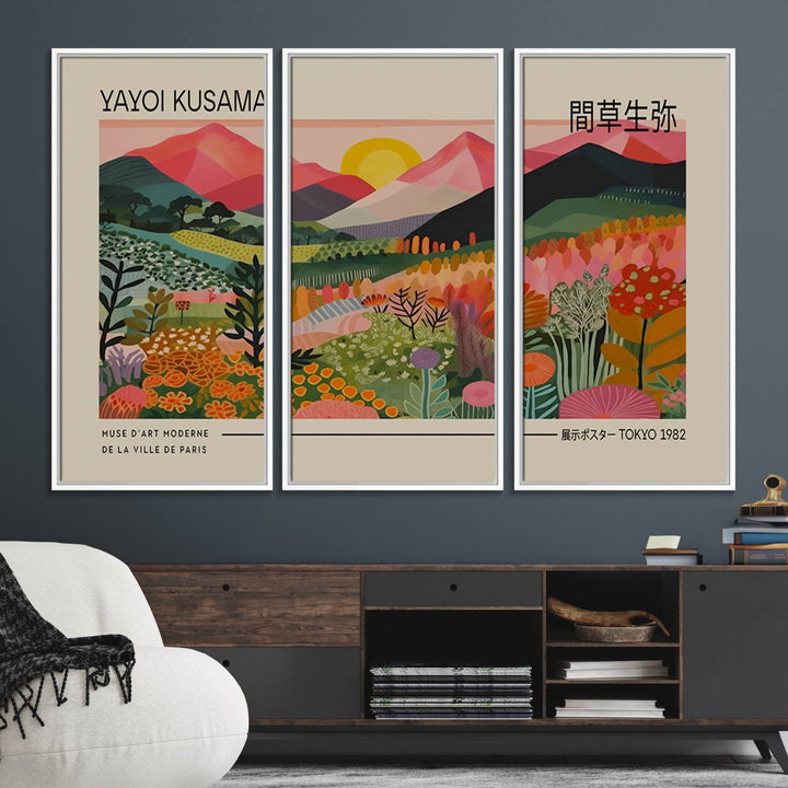 A vibrant abstract triptych features mountains, a sun, and plants in Yayoi Kusamas style with Japanese and French text included.