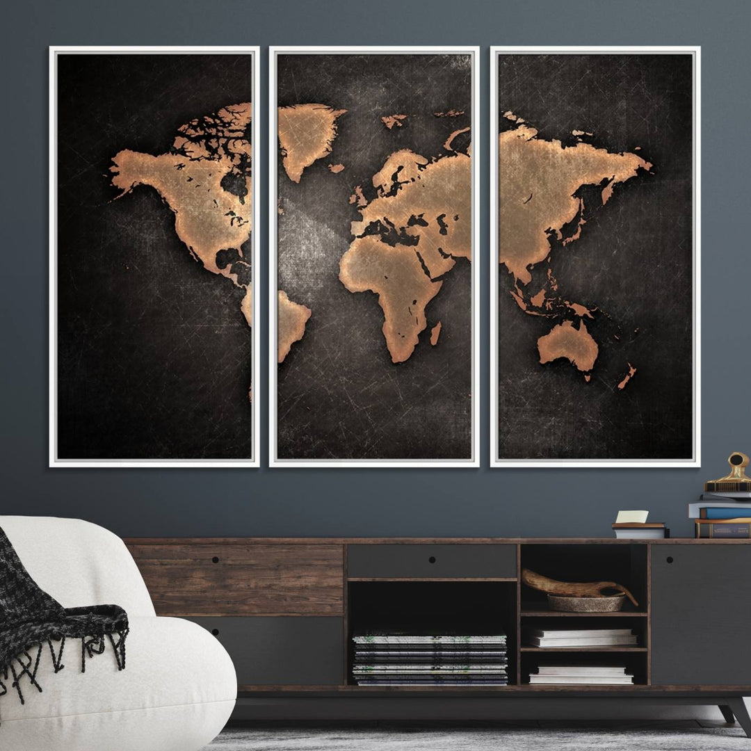 The Modern World Map on a metallic black canvas creates a striking effect.