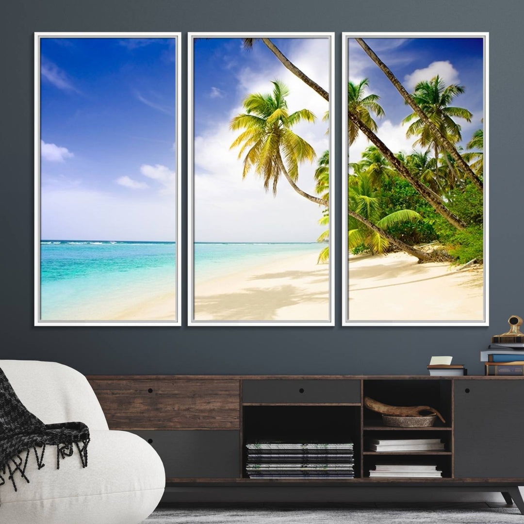 Tropical Beach Canvas: Palm Trees & White Sand Shore Decor, Vibrant Coastal Print, Ready to Hang.