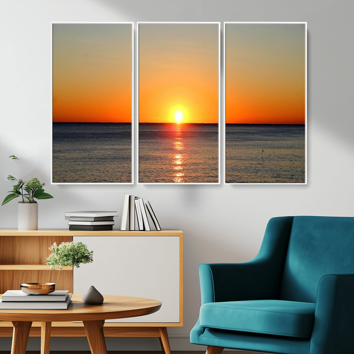 54676-MGV-FC-48X32-3P_White-Golden Horizon Sunset Over Ocean Wall Art Canvas Print – Tropical Beach Canvas Wall Art – Giclee