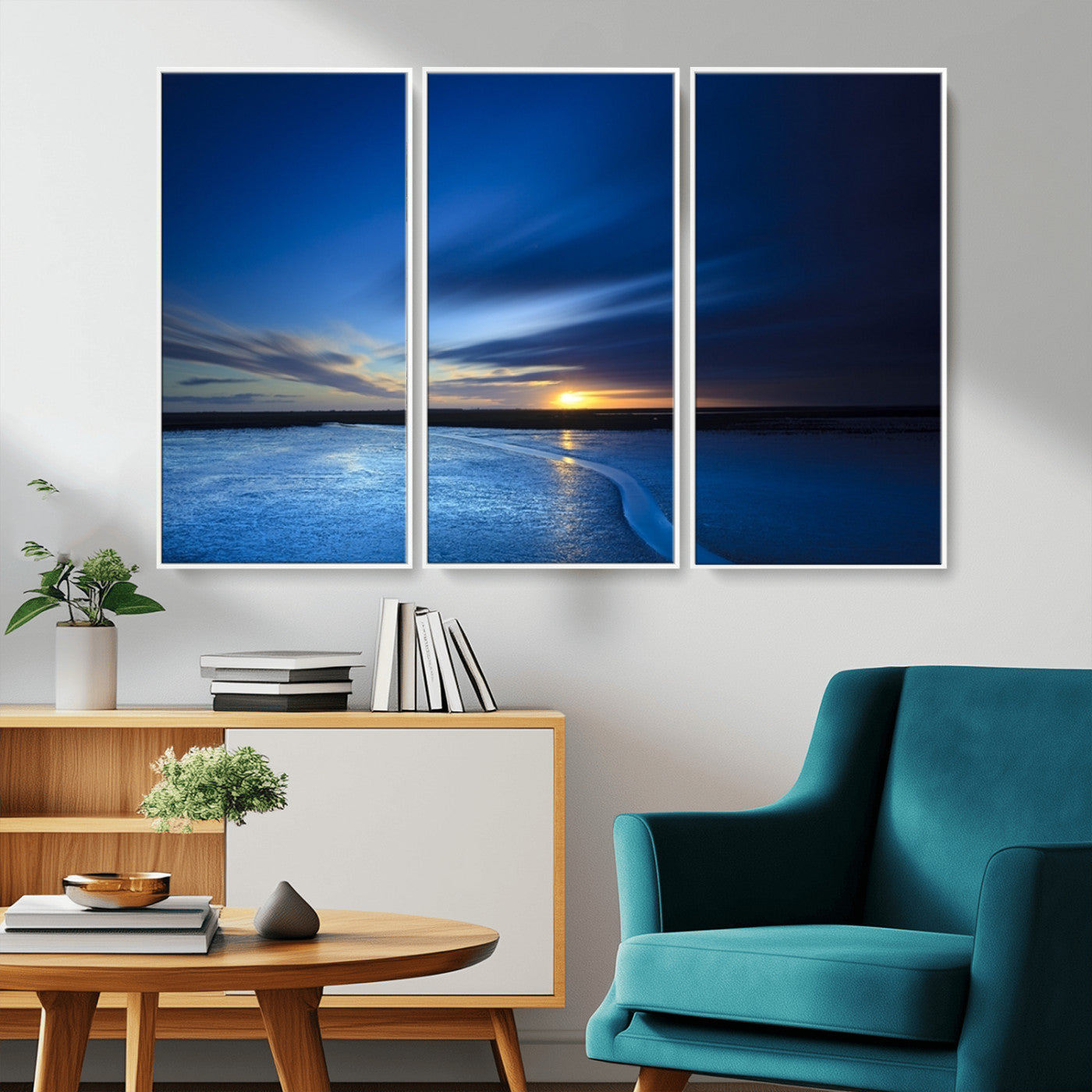 MGV-FC-48X32-3P - Blue Sunset Ocean Canvas Wall Art Print – Serene Coastal Horizon Wall Decor for Home or Office –