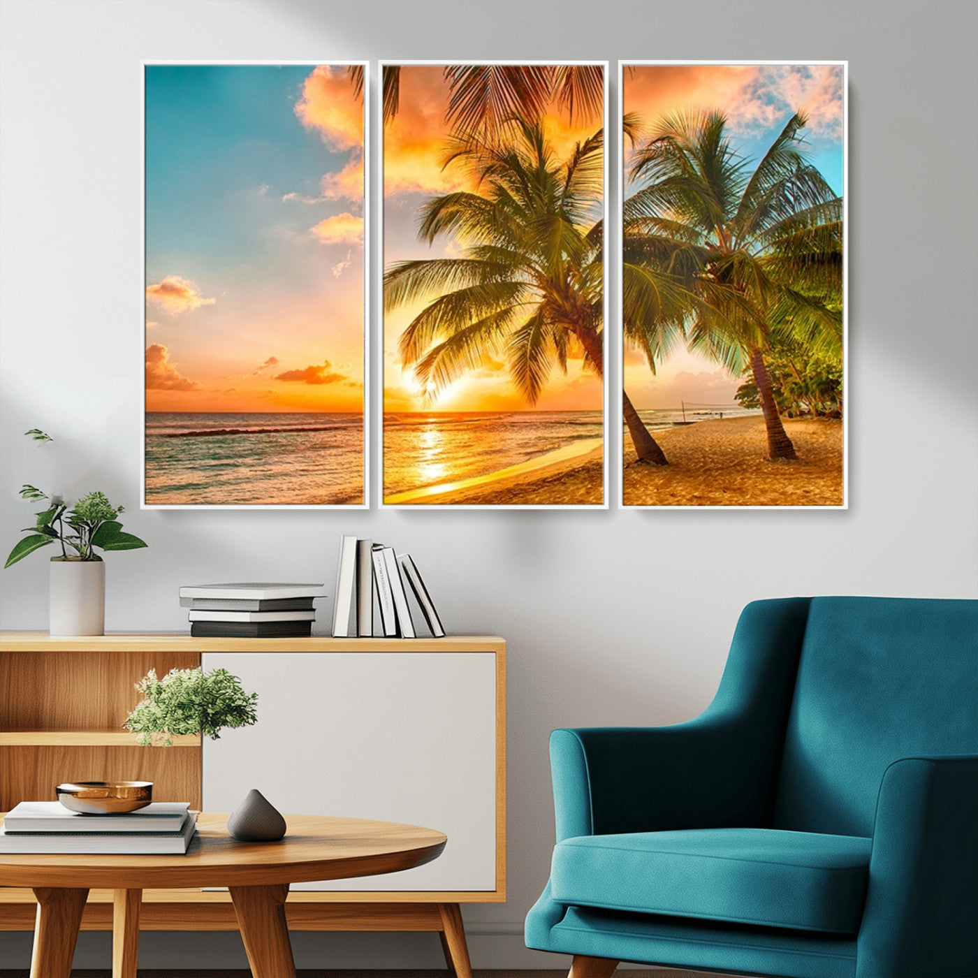MGV-FC-48X32-3P - Tropical Sunset Beach Canvas Wall Art Print – Vibrant Palm Trees and Coastal Sunset Wall Decor for