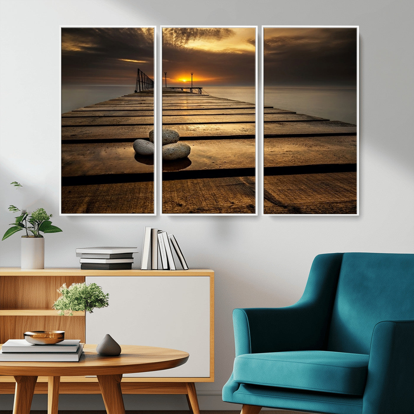 MGV-FC-48X32-3P - Stones on Wooden Pier at Sunset Canvas Print, Serene Coastal Wall Art, Beach Sunset Photography,