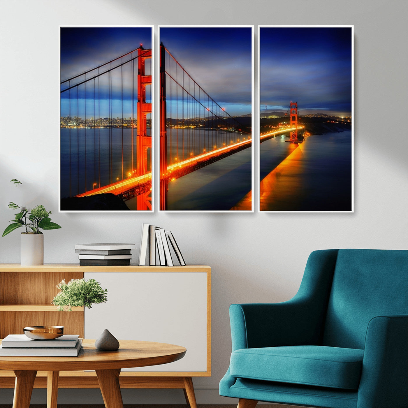 MGV-FC-48X32-3P - Large Wall Art San Francisco Canvas Print - Wonderful Golden Gate Bridge at Twilight