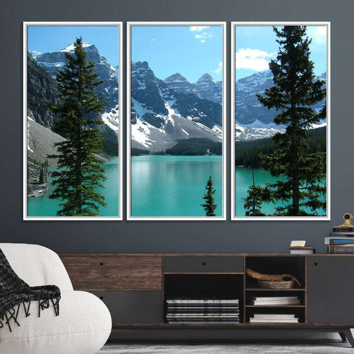 Canadian Rockies Moraine Lake Landscape Canvas Print showcasing a turquoise lake and mountain view.