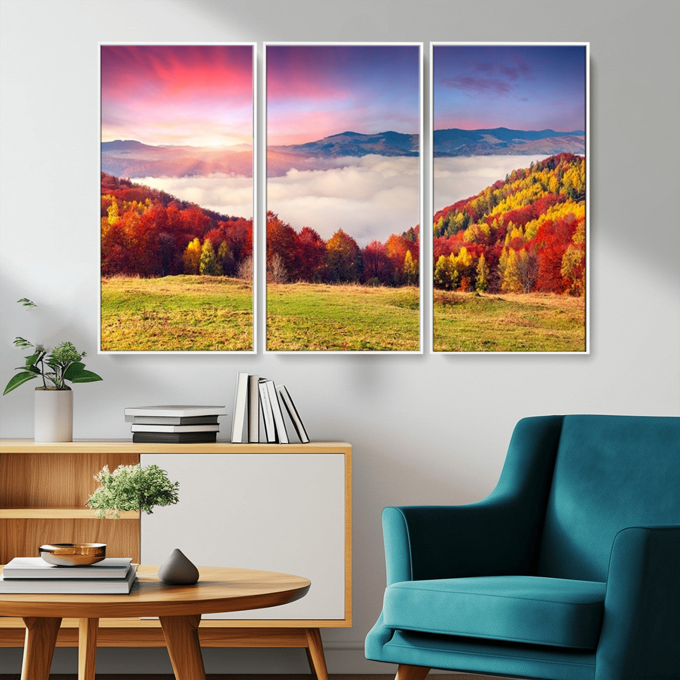 MGV-FC-48X32-3P - Autumn Mountain Foggy Landscape Wall Art Canvas Print | Beautiful Forest Canvas Print | Misty