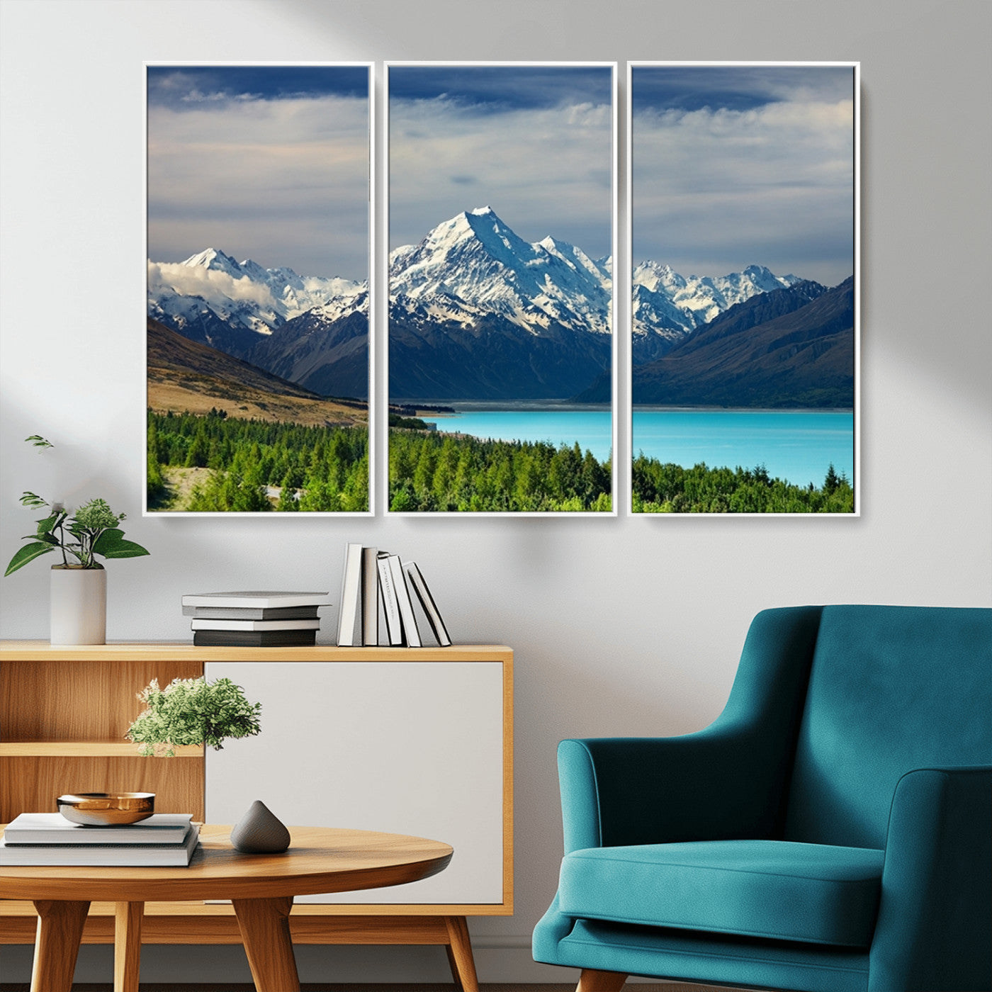 MGV-FC-48X32-3P - Mount Cook and Lake Pukaki Canvas Wall Art Print – Majestic Snow-Capped Peaks and Serene Lake Wall