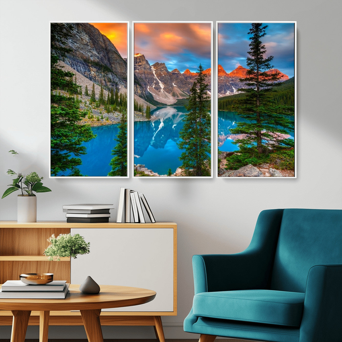 MGV-FC-48X32-3P - Canadian Rockies Moraine Lake Wall Art Canvas Print, Pine Trees Mountain Spring Canvas Print