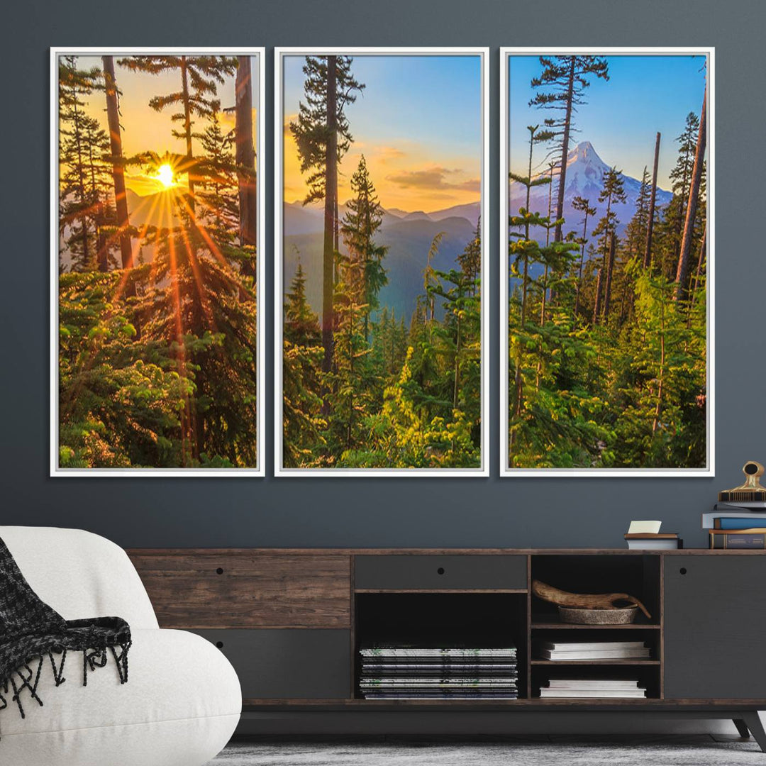 The kitchen features a Red Leaves on Trees landscape canvas print, perfect for nature lovers.