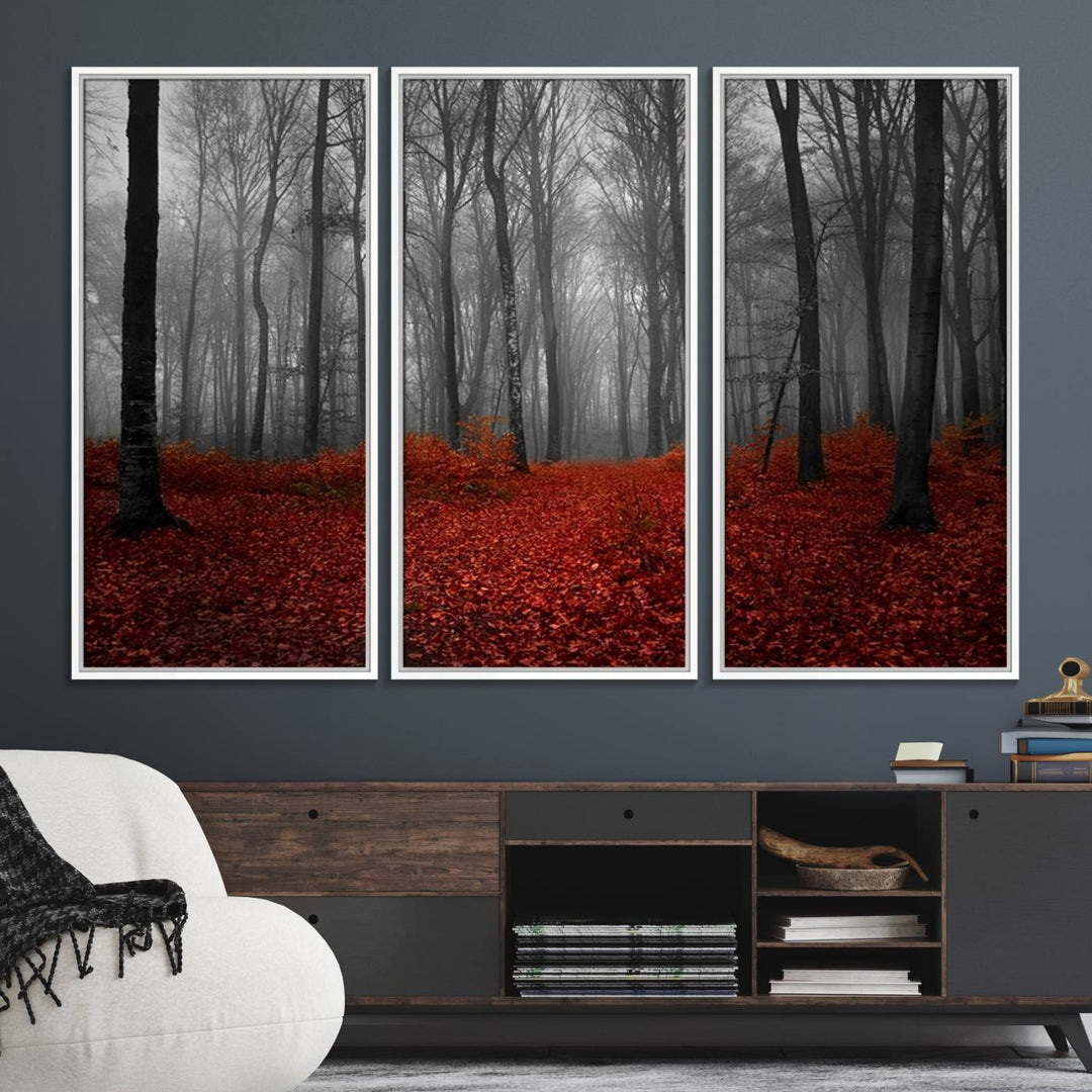 A large, museum-quality canvas print titled Wonderful Forest with Red Leaves.