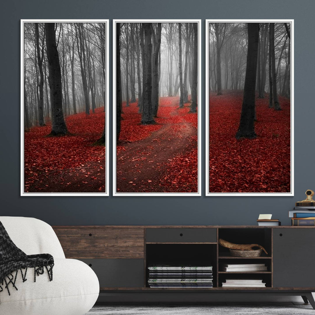 Wonderful Forest artwork: Triptych with red leaves, ideal for nature lovers.