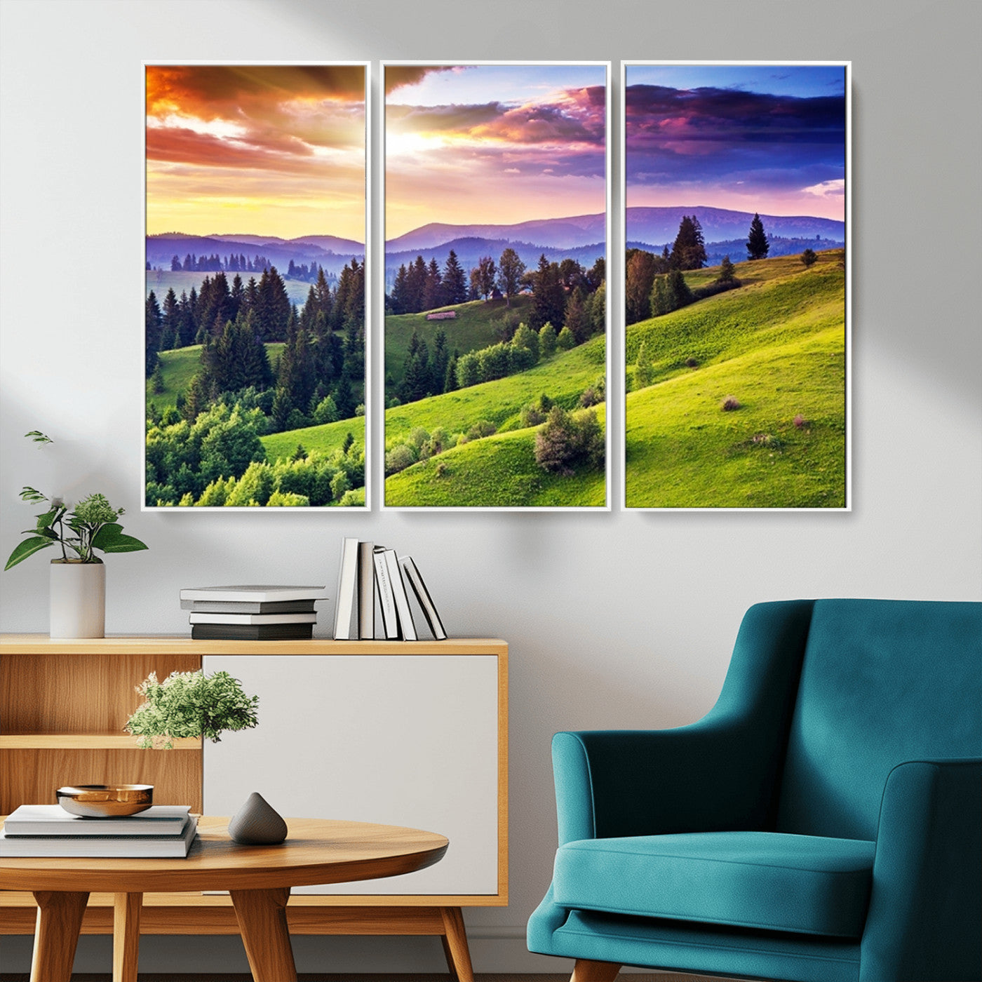MGV-FC-48X32-3P - Green Hills and Sunset Wall Art Print - Scenic Landscape with Lush Greenery and Vibrant Sky, Ready