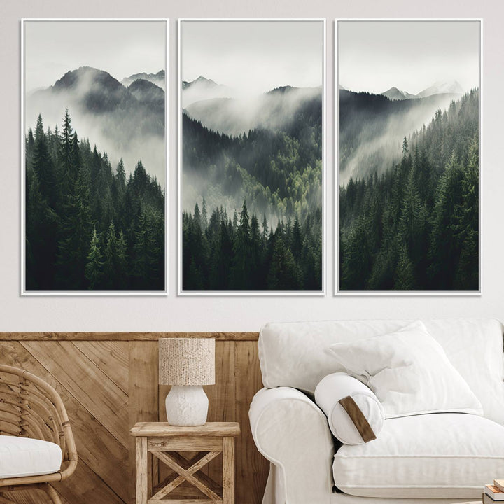 Serene and mystical landscape of misty mountains and dense evergreens, ideal for a Misty Mountain Forest Canvas Wall Art Print.