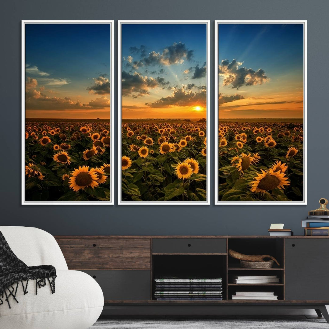 The dining area features the Sunflower Field Sunset Wall Art Canvas Print.